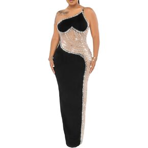 PORRCEY Women Sexy Elegant Rhinestone Mesh See Through Dress Hot Drilling Party Club Night Outfits