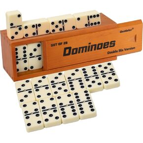 Dominos Set for Adults, Jumbo Size Double 6 Dominoes Set, Classic Board Game for Adults and Elderly, Double Six Thick Size Domino with Spinner 28 Tiles in Exclusive Brown Wooden Box.