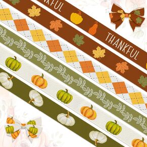 Hying 6 PCS Fall Leaves Ribbons for Crafting, 3/8" Width Thanksgiving Grosgrain Ribbons Brown Orange Ribbon Autumn Pumpkins Craft Ribbons for Gift Wrapping DIY Fall Thanksgiving Decoration