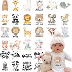 Kaciola 30 Sheets Baby Shower Games Iron on Transfers, Animal DTF Transfers Ready to Press Baby Bodysuit Making Stickers Iron on Decals for T Shirts Hoodie DIY Crafts (Animal)