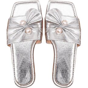 GORGLITTER Women's Sandals Dressy Bow Sandals PU Leather Flat Cute Slip On Slides