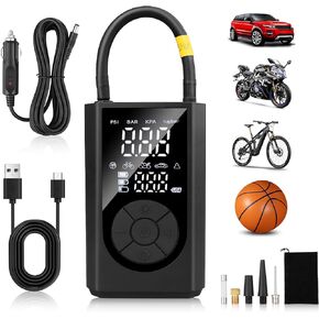 Tire Inflator Portable Air Compressor, Faster Inflation & Cordless Tire Smart Air Pump with Dual Screen Digital Pressure Gauge(150 PSI)/LED Light/Power Bank for Car, Motorcycle, Bike, Ball