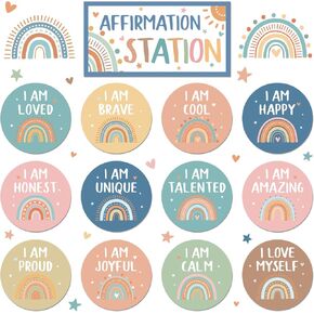 Boho Affirmation Station Bulletin Board Set Rainbow Classroom Decor, Positive Mirror Growth Mindset Decoration, Inspirational Posters Affirmation Cutouts for Teacher School Supplies Door Wall Decor