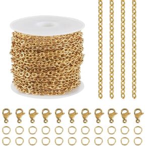 KISSITTY Real 18K Gold Plated Cable Chains 16.4 Feet Soldered 304 Stainless Steel Link Chains DIY Chain Bracelet Necklace Making Kit for Women Men Jewelry Making Crafting