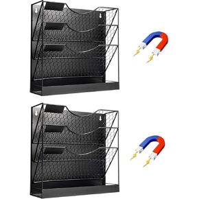 Magnetic File Holders, 4 Tier Magnetic Paper Holders for Office File Cabinet,Refrigerator, Whiteboard, No Drilling Installation Magnetic Mail Holder Basket Storage Folder Holder,2pack