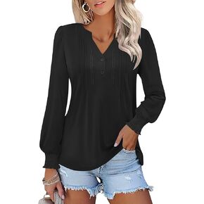 VVK Long Sleeve Blouses for Women Notch V Neck Tunic Top Ruffle Cuffs Dressy Casual Loose Pleated T-Shirts Fall 2024