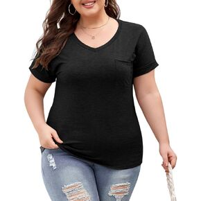 LALAGEN Plus Size T Shirts for Women 2024 UPF 50+ Rolled Short Sleeve V Neck Summer Tops Casual Solid Basic Tunic Tee S-5X