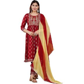 Indian Women's Tunic Tops Handwork Rayon Side Slit Anarkali Kurti Pants Set w Chiffon Dupatta Maroon