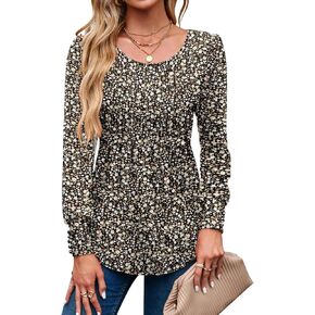 SimpleFun Women's Puff Long Sleeve Shirts Crew Neck Tunic Tops Pleated Dressy Casual Loose Fall Blouses