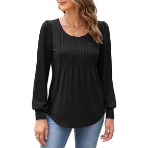 Bluetime Women's Puff Long Sleeve Pleated Front Scoop Neck Tunic Tops Fall Tshirts Shirts Blouses