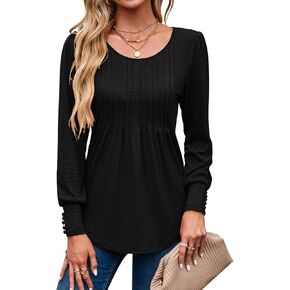 SimpleFun Women's Puff Long Sleeve Shirts Crew Neck Tunic Tops Pleated Dressy Casual Loose Fall Blouses