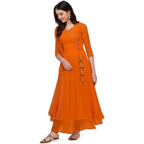 Women's Georgette Anarkali Kurta Kurti Suit with Dupatta (Bottoms not included) (Medium, Orange) in Saudi Arabia