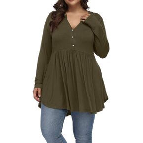 Women's Plus Size Henley V Neck Button Tunic Tops Long Sleeves Swing Flowy Shirts in Kuwait