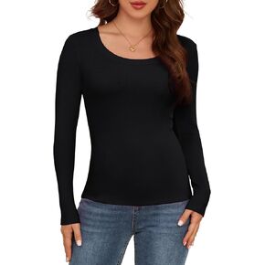AUHEGN Long Sleeve Shirts for Women Scoop Neck Lightweight Stretchy Fitted Ribbed Basic Layer Tops Blouse