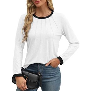 Women's Tunic Tops Fall Long Sleeve Shirts Casual Pleated Front Crewneck Tops Blouses