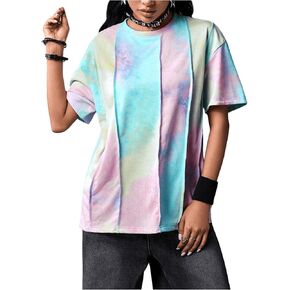 SweatyRocks Women's Tie Dye T Shirts Short Sleeve Round Neck Drop Shoulder Loose Casual Basic Tees