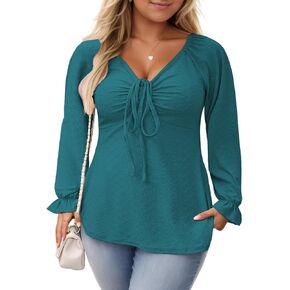VISLILY Womens-Plus-Size-Tops Dressy V Neck Puff Ruffle Sleeve T Shirts Trendy Eyelet Blouses Casual Drawstring Loose Tunics in Kuwait