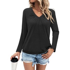 Womens V Neck Long Sleeve Shirts Banded Bottom Pleated Tops Fall Dressy Casual Blouses 2024
