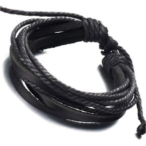 COOLSTEELANDBEYOND Multi-Strand Mens Black Braided Leather Rope Bracelet Genuine Leather Wristband Wrap Bracelet