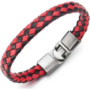 COOLSTEELANDBEYOND Black Red Braided Leather Bracelet for Man Women, Leather Bangle Wristband, Vintage Hook Clasp