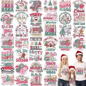 TecUnite 30 Pcs Pink Christmas Iron on Transfer Patches Retro Christmas Iron on Xmas Heat Transfer Vinyl Stickers DIY Iron on Appliques HTV for T Shirts Clothing Hat Pillow Decoration