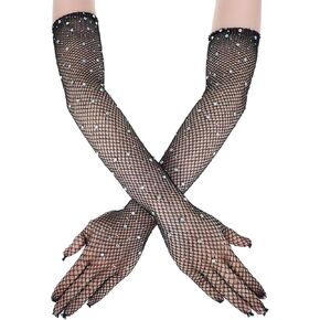 Women Rhinestone Arm Fishnets Sparkly Fishnet Arm Sleeves Black Mesh Gloves for Women Wedding Evening Party Halloween Gloves 80s for Party Halloween Costumes Accessories