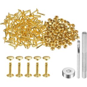 HARFINGTON 100 Sets Leather Rivets 6mm x 12mm Metal Double Cap Rivet Snaps Studs Fasteners with 3pcs Setting Tools Rivets for Leather Craft DIY Repair Decoration, Silver Tone