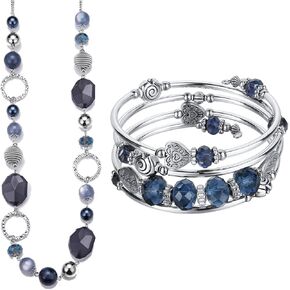 PEARL&CLUB Long Beaded Chain Necklace Crystal Silver Bangle Bracelet Set