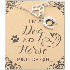 PLITI Dog Lover Gift Horse Riding Gift I'm A Dog And Horse Kind Of Girl Paw Print Horseshoe Necklace For Cowgirl