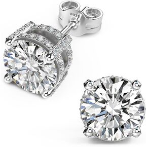 18K White Gold Plated Sterling Silver Pave Round Cut Cubic Zirconia Stud Earrings 4 Prong CZ Simulated Diamond Stud Earrings for Women Men Hypoallergenic