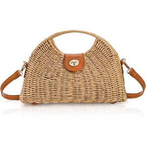 Straw Crossbody Bag for Women, Handwoven Rattan Summer Beach Straw Purse with Handle, Detachable Strap, Fashionable Dumpling Bag Shoulder Handbag Clutch Purse for Travel, Holiday