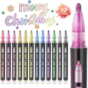 12 Colors Outline Markers, Double Line Shimmer Marker Pens for Christmas Greeting Cards, Scrapbook Crafts, Doodling, DIY Art Crafts, Easter Egg, Metal, Ceramic, Glass, Christmas Decor