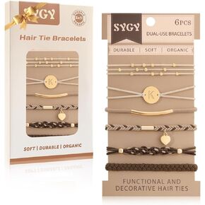 6 PCS Bracelets for Women, Gold Initial Bracelet Sets, Letter Boho Hair Ties for Thick & Thin Hair, Dual-Use Stretch Bracelets, Braided Hair Ties for Ponytail Holders, Women Gold Jewelry