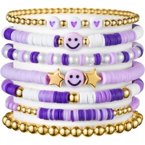 LieToi 7Pcs Preppy Heishi Bracelets for Women Girls - Surfer Bracelets Polymer Clay Stackable Disc Summer Beach Y2K Stretch Birthday Gift