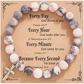 Fuqimanman2020 Christian Gifts for Women Men, Inspirational Gifts Natural Stone Cross Bracelet with Card, Catholic Religious Gifts for Women Friends