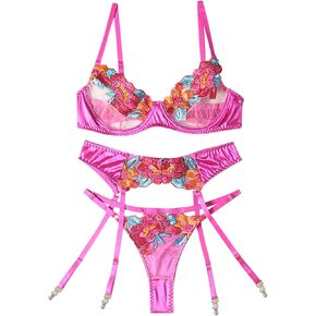 Lilosy Sexy Leaf Floral Embroidered Mesh Sheer Women Underwire Push Up Lingerie Set