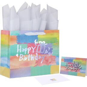 13" Large Colorful Gift Bag Set with Greeting Card and Tissue Papers (Laser Foil 'Happy Birthday’) for Women's or Men's Birthday Party, Boys', Girls', or Kids' Parties, Baby Shower - 13"x5.2"x10.2", 1 Pcs.