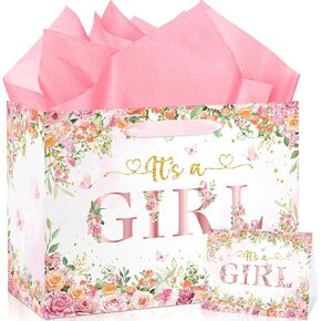 Baby Shower Paper Bag, Pink Floral Sweet Baby Girl Gift Bag with Tissue Paper and Card Boho Dried Flowers Wrap Bag with Handle for Baby Shower Birthday Gender Reveal Party Favors Decorations Supplies