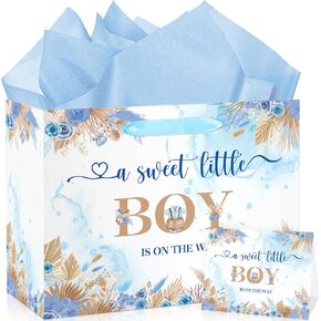 Baby Shower Paper Bag, Pink Floral Sweet Baby Girl Gift Bag with Tissue Paper and Card Boho Dried Flowers Wrap Bag with Handle for Baby Shower Birthday Gender Reveal Party Favors Decorations Supplies