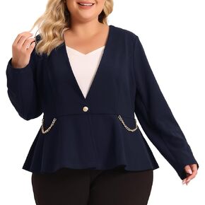Agnes Orinda Plus Size Blazer for Women Work Button Chain 2023 Office Fashion Jacket Peplum Blazers