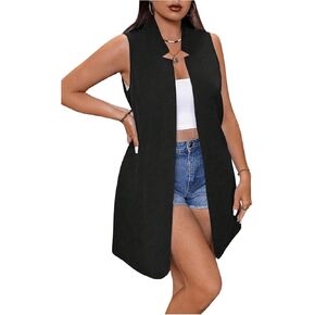 WDIRARA Women's Plus Size Stand Collared Blazers Vest Open Front Sleeveless Long Cardigans Vest in Kuwait