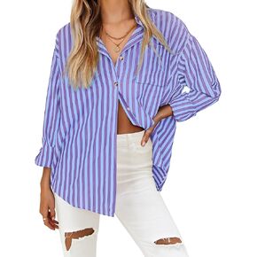 HOTOUCH Women's Striped Button Down Shirts Casual Long Sleeve Boyfriend Loose Collared Blouses Tops