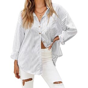 HOTOUCH Women's Striped Button Down Shirts Casual Long Sleeve Boyfriend Loose Collared Blouses Tops in Kuwait