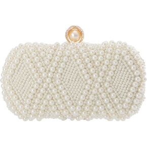 Oweisong White Pearl Clutch Purse for Women Bridal Wedding Evening Bags Small Formal Beaded Handbags with Chain