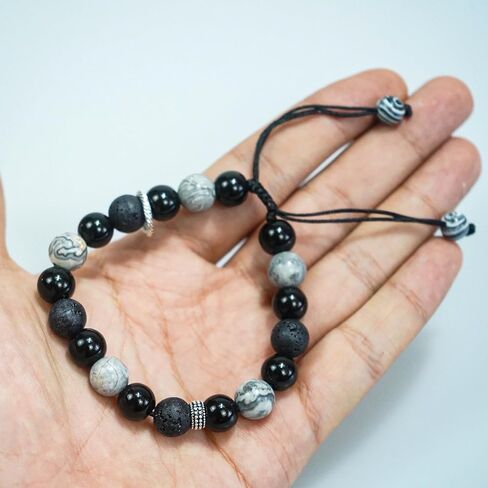 أساور مصنوعة يدويًا من الحجر الطبيعي مقاس 8 مم قابلة للتعديل من حجر اللافا روك السج والرخام قابلة للتعديل، كريستال علاجي عطري للجنسين، 2.7 بوصة، أسود in Kuwait