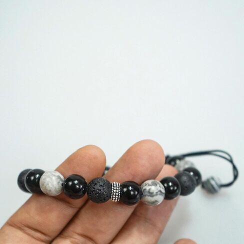 أساور مصنوعة يدويًا من الحجر الطبيعي مقاس 8 مم قابلة للتعديل من حجر اللافا روك السج والرخام قابلة للتعديل، كريستال علاجي عطري للجنسين، 2.7 بوصة، أسود in Kuwait