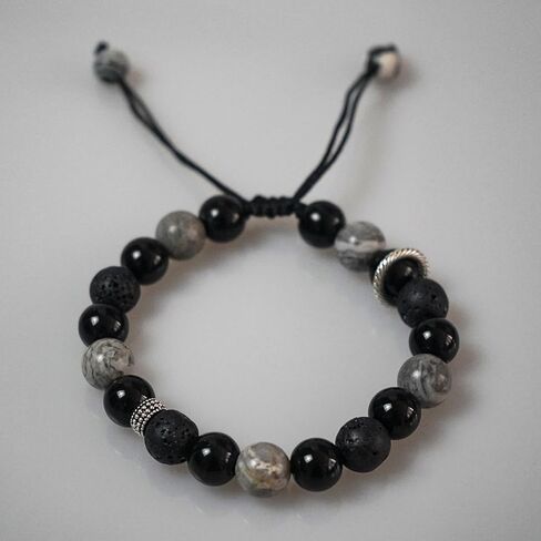 أساور مصنوعة يدويًا من الحجر الطبيعي مقاس 8 مم قابلة للتعديل من حجر اللافا روك السج والرخام قابلة للتعديل، كريستال علاجي عطري للجنسين، 2.7 بوصة، أسود in Kuwait
