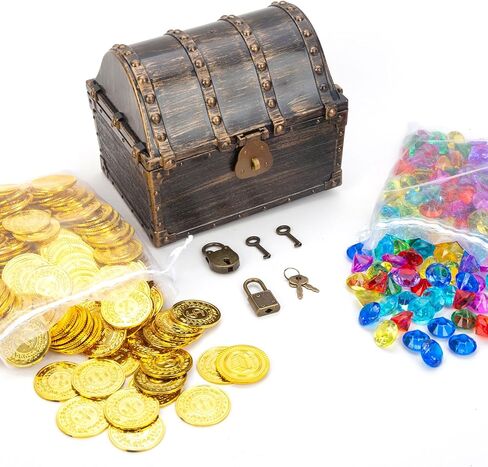 AiFanS Treasure Chest for Kids Prizes,Plastic Treasure Chest with 320 Treasure Gold Coins and Gems/Jewels- Perfect for Pirate Themed Parties and Games in Kuwait