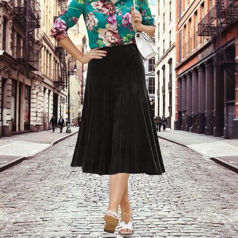 Women’s Midi 27 inch Length A-Line Velour Panel Skirt- Elastic Waist Office Pleated Skirt in Kuwait