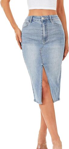 Floerns Women's Casual High Waisted Split Thigh Denim Jeans Midi Skirt in Saudi Arabia